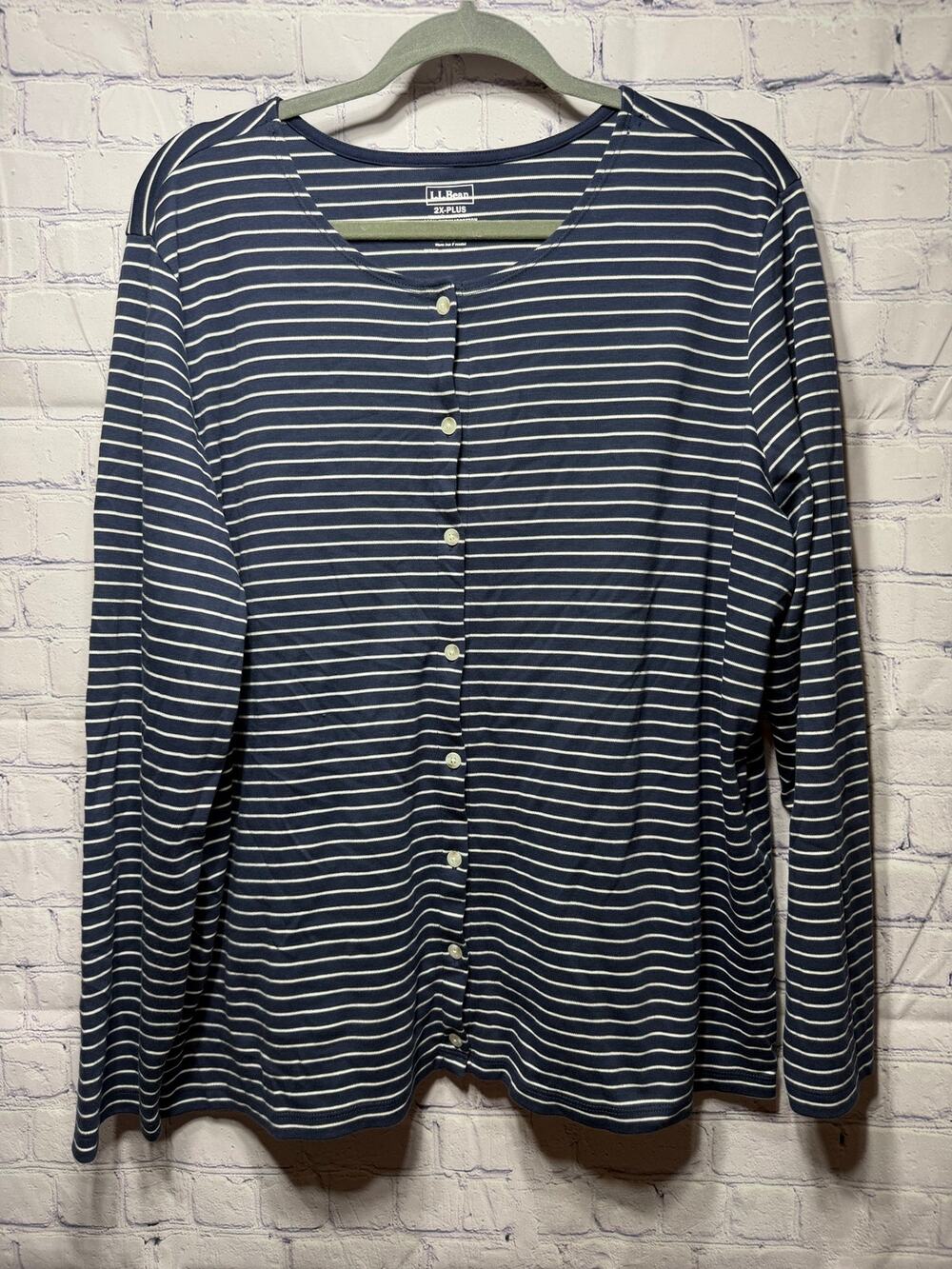 L.L.Bean Womens Long Sleeve Striped Button Down Blue White Sz 2X Preppy